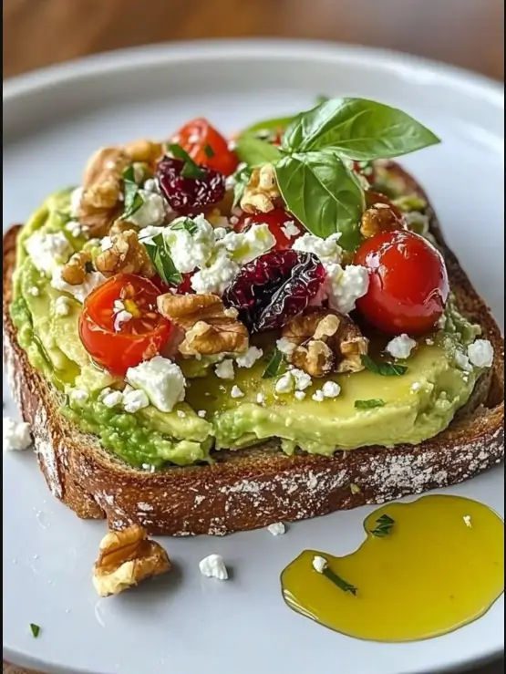 Avocado Toast with Feta, Cherry Tomatoes, Cranberries & Walnuts