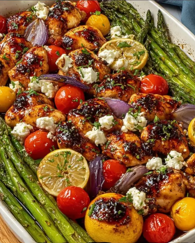 Balsamic Glazed Chicken with Roasted Asparagus, Tomatoes & Feta