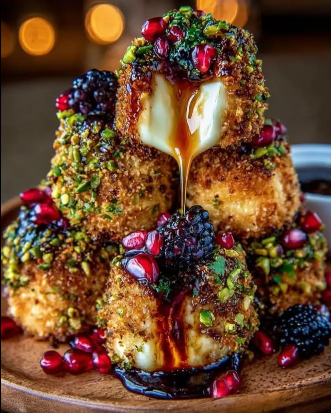 Blackberry Hot Honey Brie Bites with Crispy Pistachio Crust & Pomegranate Crunch