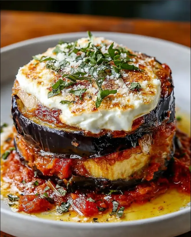 Burrata Eggplant Parmigiana with Caramelized Onions & Parmesan Cream