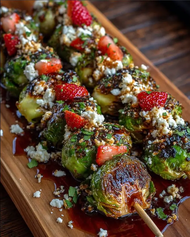 Caramelized Brussels Sprouts Skewers with Feta & Strawberry Hot Honey