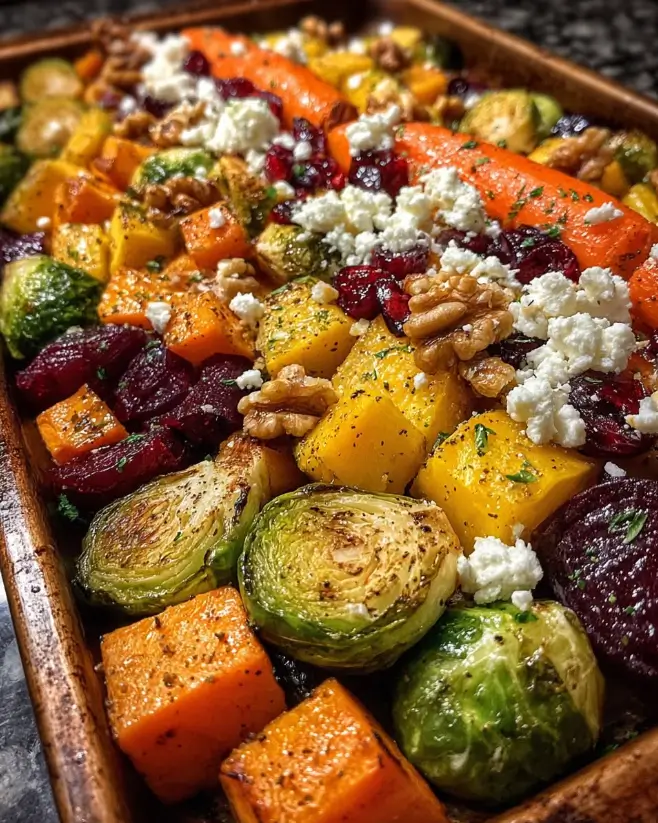 Caramelized Brussels Sprouts, Sweet Potato, Butternut Squash, Carrot & Beet Medley with Feta, Walnuts & Cranberry-Honey Glaze