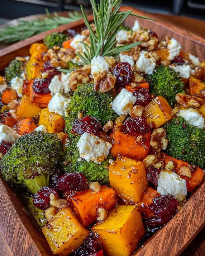 Caramelized Butternut Squash, Carrots, Broccoli & Sweet Potato with Feta, Walnuts & Cranberry-Honey Glaze