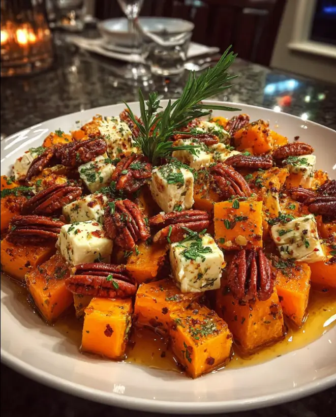 Caramelized Butternut Squash with Brie, Toasted Pecans & Hot Honey Drizzle