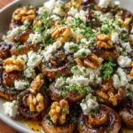 Caramelized Garlic Mushrooms with Feta, Walnuts & Hot Honey Drizzle