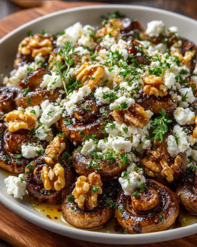 Caramelized Garlic Mushrooms with Feta, Walnuts & Hot Honey Drizzle