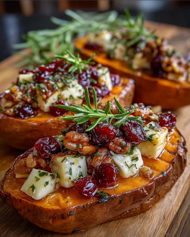 Caramelized Sweet Potatoes with Warm Brie Center and Cranberry Walnut Topping