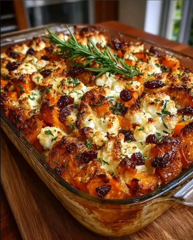 Carrot, Pumpkin & Sweet Potato Bake with Feta, Almonds & Maple Cranberry Drizzle