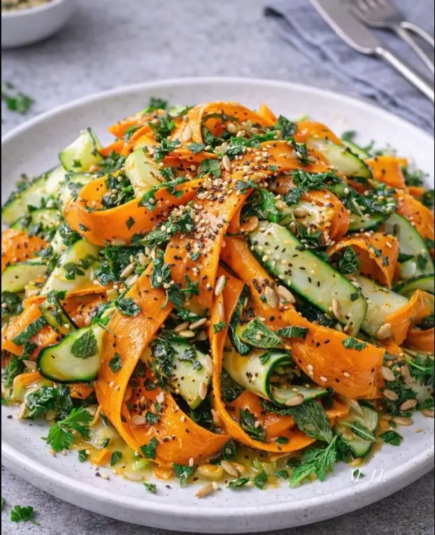 Carrot & Cucumber Ribbon Salad with Fresh Herbs, Seeds & Lemon Dressing