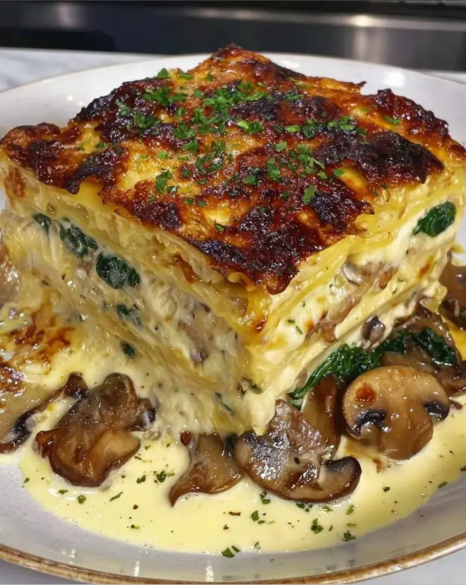 Cottage Cheese Mushroom & Spinach Lasagna Bake