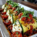 Creamy Burrata Stuffed Zucchini Rolls with Tomato Glaze