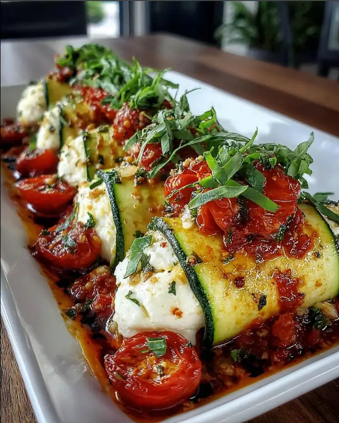 Creamy Burrata Stuffed Zucchini Rolls with Tomato Glaze