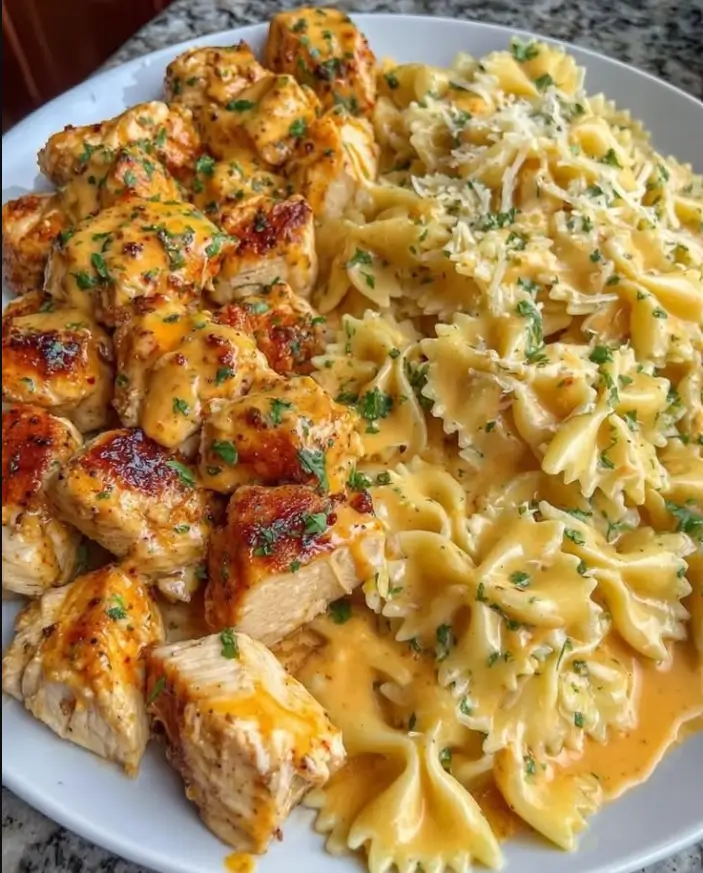 Creamy Garlic Chicken Bites with Parmesan Farfalle