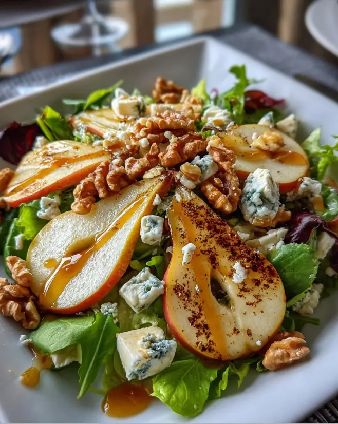 Crisp Pear Salad with Greens, Walnuts & Creamy Cheese