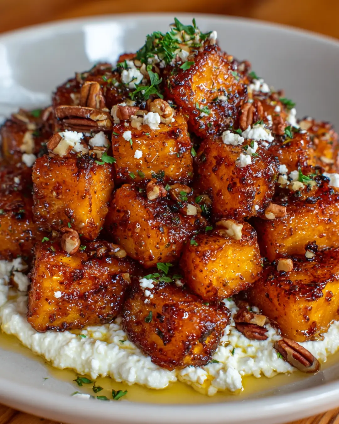 Crispy Butternut Squash with Whipped Feta, Pecans & Hot Honey