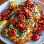Crispy Chicken Cutlets with Creamy Feta, Garlic Roasted Tomatoes & Fresh Basil