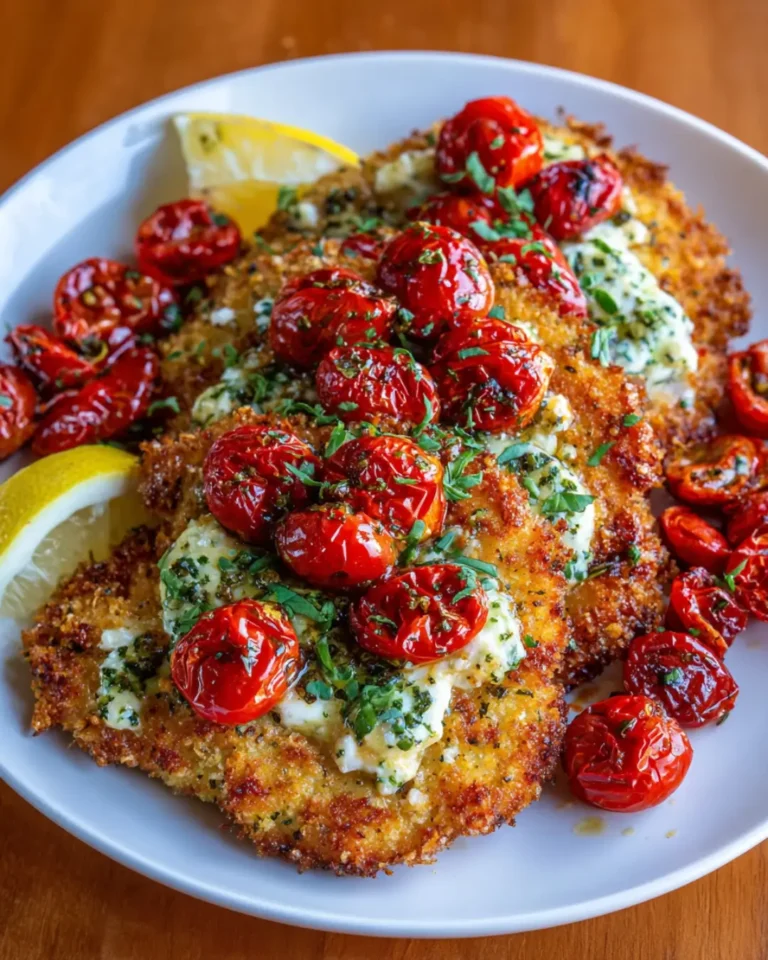 Crispy Chicken Cutlets with Creamy Feta, Garlic Roasted Tomatoes & Fresh Basil