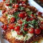 Crispy Chicken Parmesan with Melted Mozzarella, Garlic Tomatoes & Fresh Basil