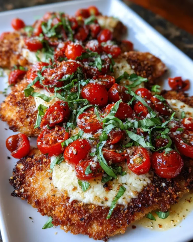 Crispy Chicken Parmesan with Melted Mozzarella, Garlic Tomatoes & Fresh Basil