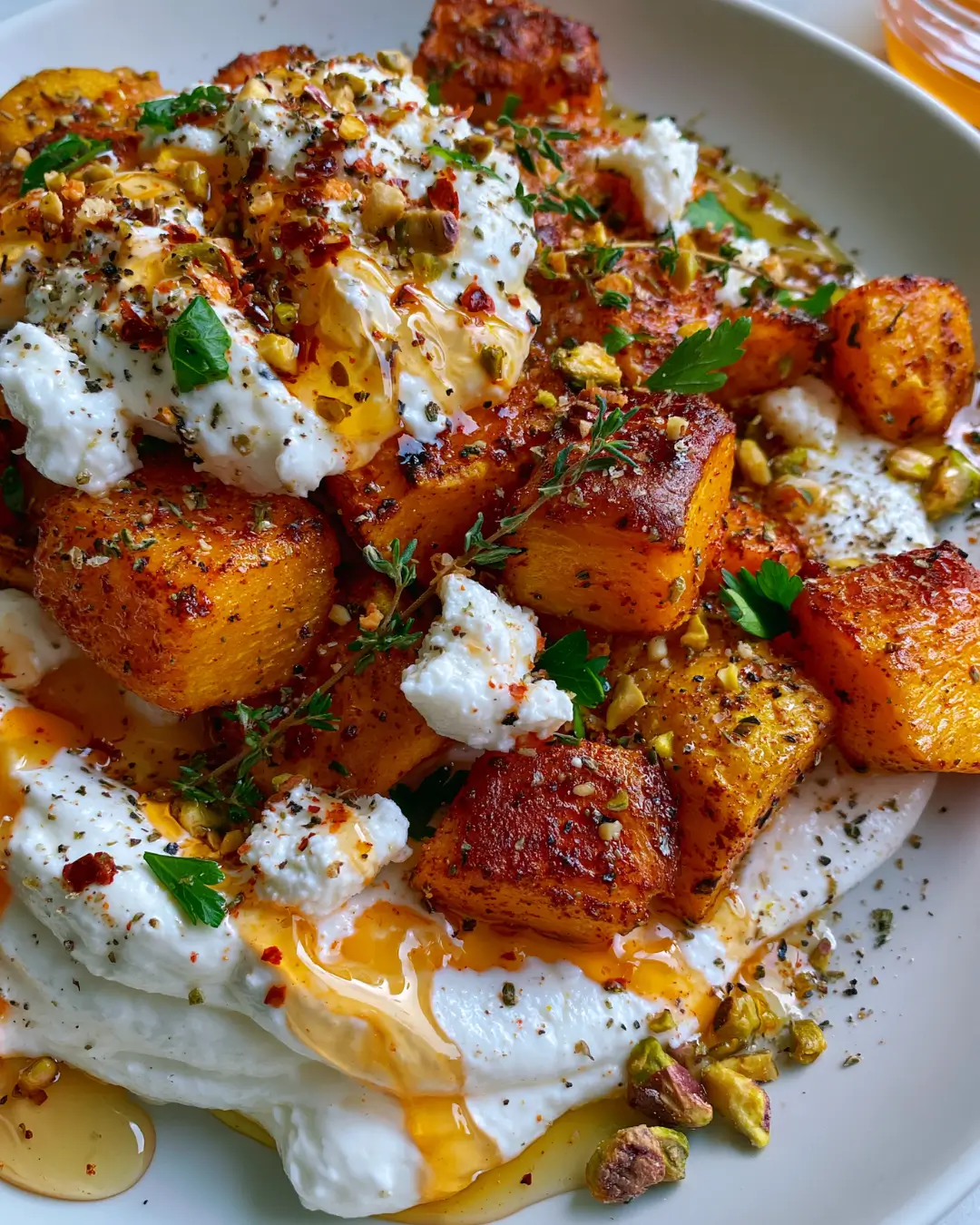 Crispy Roasted Pumpkin with Whipped Feta, Hot Honey & Toasted Pistachios