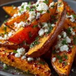 Crispy Roasted Sweet Potato Wedges with Feta & Hot Honey