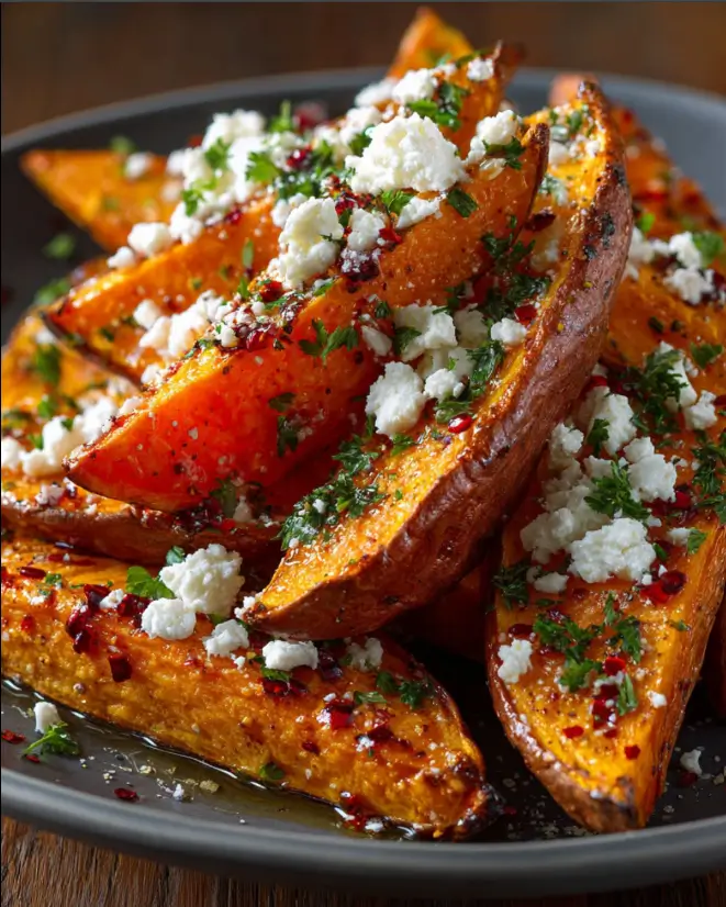 Crispy Roasted Sweet Potato Wedges with Feta & Hot Honey