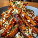 Crispy Roasted Sweet Potato Wedges with Feta and Hot Honey Drizzle