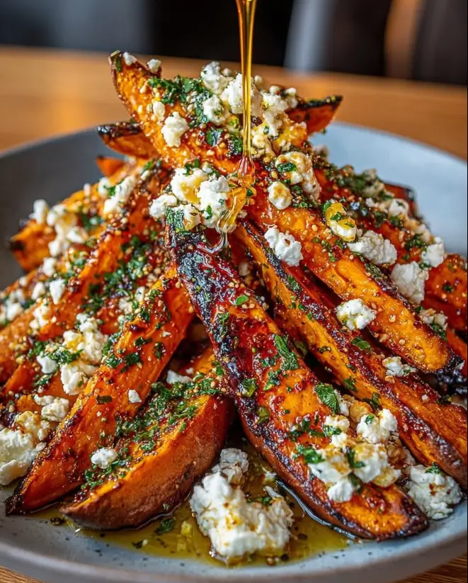 Crispy Roasted Sweet Potato Wedges with Feta and Hot Honey Drizzle