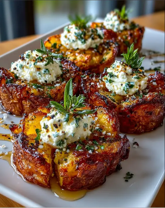 Crispy Smashed Potatoes with Whipped Feta & Chilli Honey
