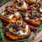 Crispy Sweet Potato Rounds with Brie, Cranberries, Toasted Walnuts & Hot Honey