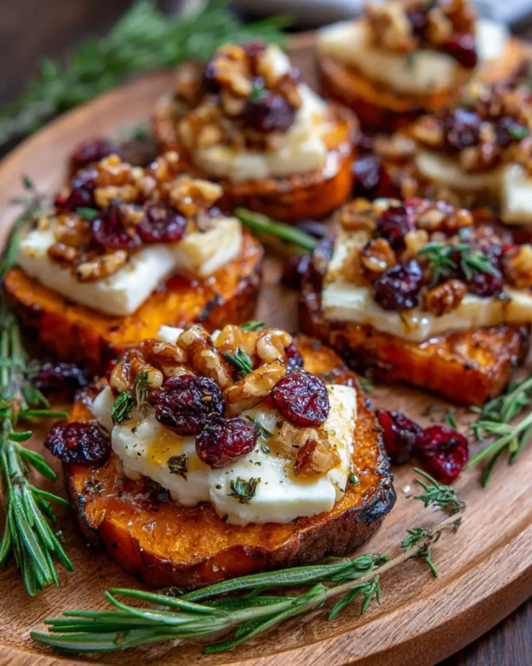 Crispy Sweet Potato Rounds with Brie, Cranberries, Toasted Walnuts & Hot Honey
