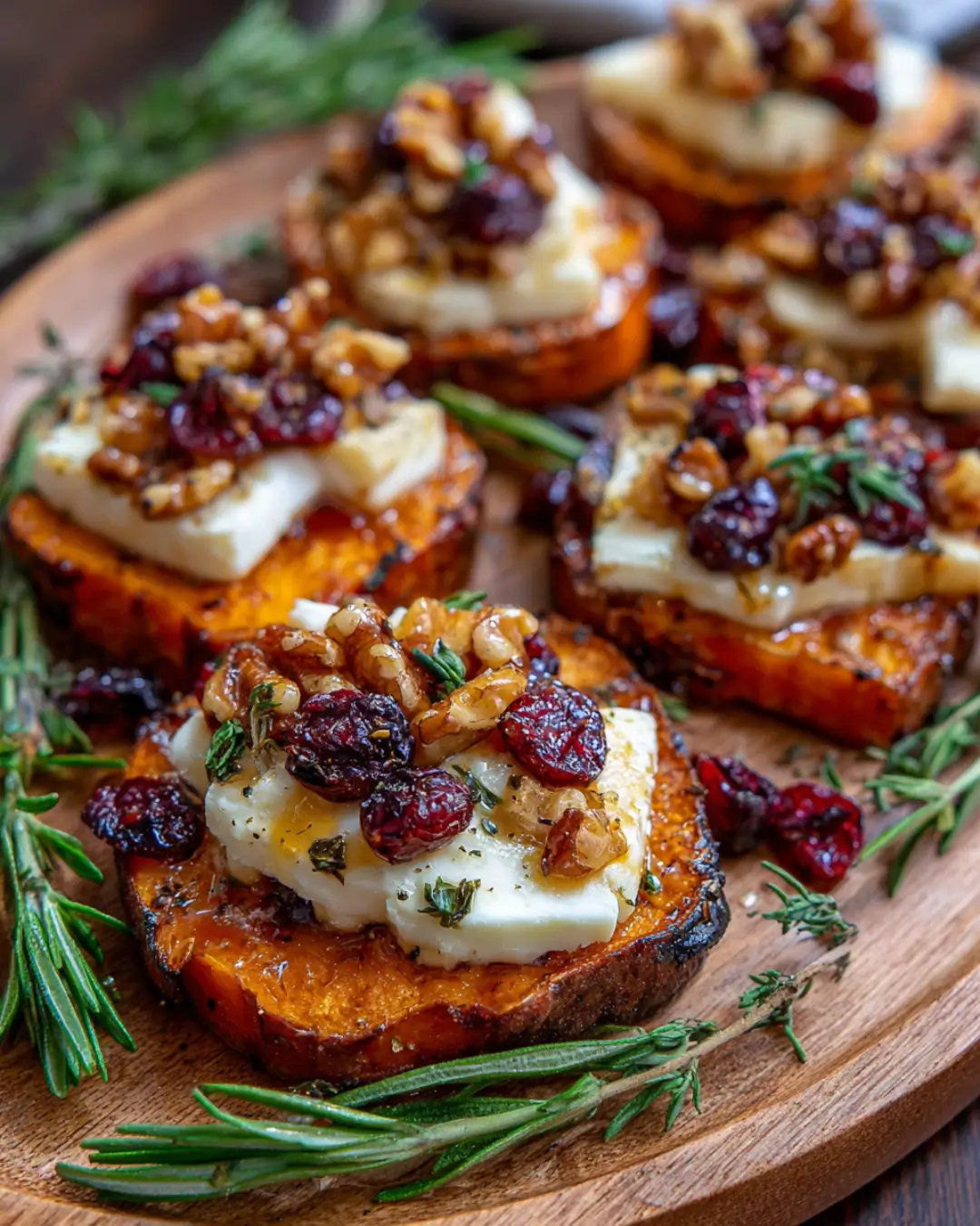 Crispy Sweet Potato Rounds with Brie, Cranberries, Toasted Walnuts & Hot Honey