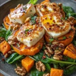 Crispy Sweet Potato Rounds with Grilled Halloumi, Spinach, Walnuts & Hot Honey