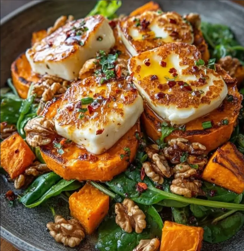 Crispy Sweet Potato Rounds with Grilled Halloumi, Spinach, Walnuts & Hot Honey