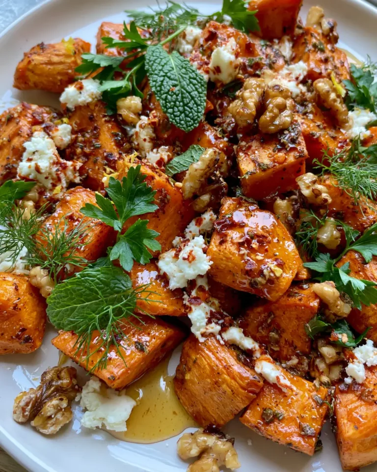 Crispy Sweet Potato with Feta, Chilli Honey, Walnuts & Fresh Herbs