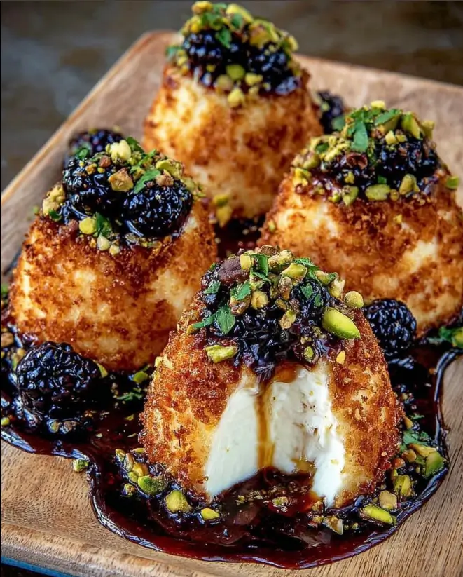 Feta Cheese Bites with Pistachio Crunch & Warm Blackberry Honey