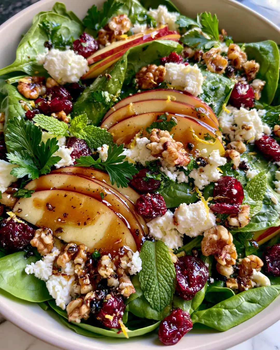 Fresh Spinach, Apple & Feta Salad with Cranberries, Crunchy Walnuts & Honey Balsamic Glaze