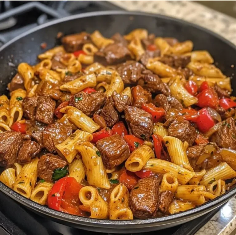 Garlic Butter Steak Bites & Rigatoni with Roasted Red Peppers