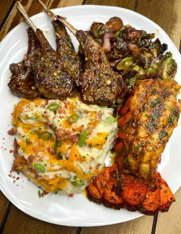 Garlic Herb Lamb Chops & Honey Garlic Chicken Dinner Plate