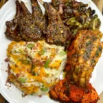 Garlic Herb Lamb Chops & Honey Garlic Chicken Dinner Plate