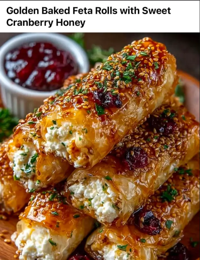 Golden Baked Feta Rolls with Sweet Cranberry Honey