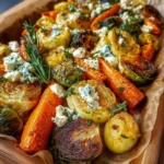 Golden Brussels Sprouts & Carrots with Creamy Feta Drizzle and Hot Honey