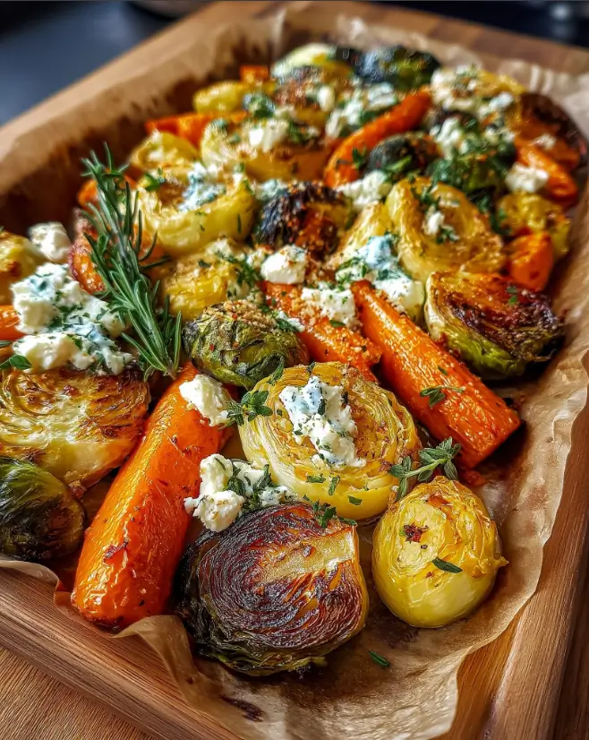 Golden Brussels Sprouts & Carrots with Creamy Feta Drizzle and Hot Honey