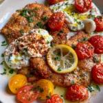 Golden Chicken Cutlets with Whipped Feta, Burst Cherry Tomatoes & Lemon Herb Oil