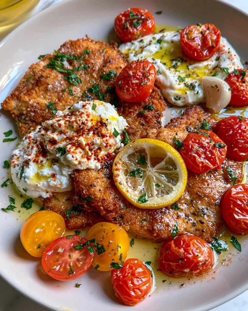 Golden Chicken Cutlets with Whipped Feta, Burst Cherry Tomatoes & Lemon Herb Oil