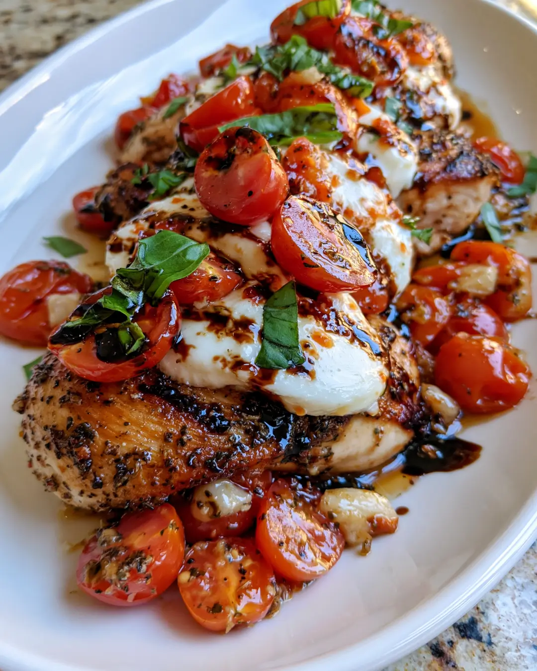 Golden Italian Chicken with Mozzarella, Cherry Tomatoes, Fresh Basil & Balsamic Glaze