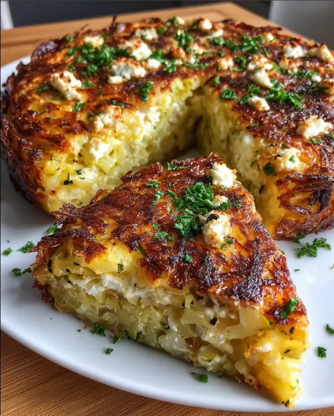 Golden Potato Rosti Crust Quiche with Zucchini, Leek & Feta