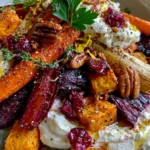 Golden Roasted Root Vegetables with Whipped Feta, Pecans, Cranberries & Maple Honey Glaze