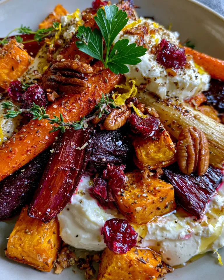 Golden Roasted Root Vegetables with Whipped Feta, Pecans, Cranberries & Maple Honey Glaze