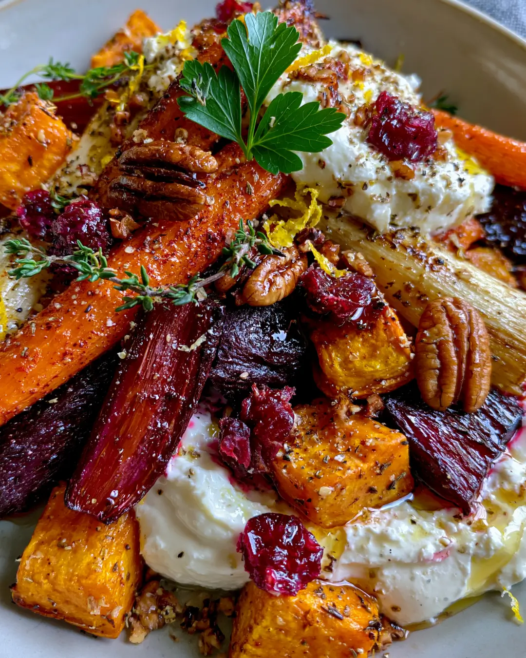Golden Roasted Root Vegetables with Whipped Feta, Pecans, Cranberries & Maple Honey Glaze